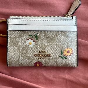 Coach Beige Floral Small Leather Wallet with White Trim and Gold Hardware